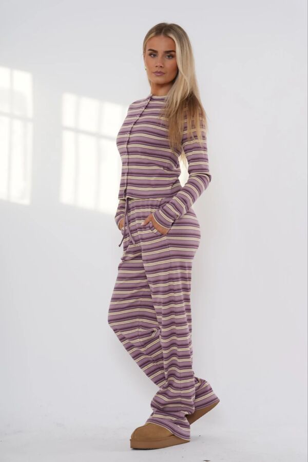 Wine Contrast Stripped Ribbed Molly Button Top And Wide Leg Trousers