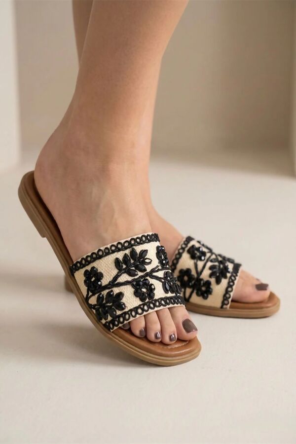 Black Floral Crystal And Pearl Embellished Flat Slider Sandals