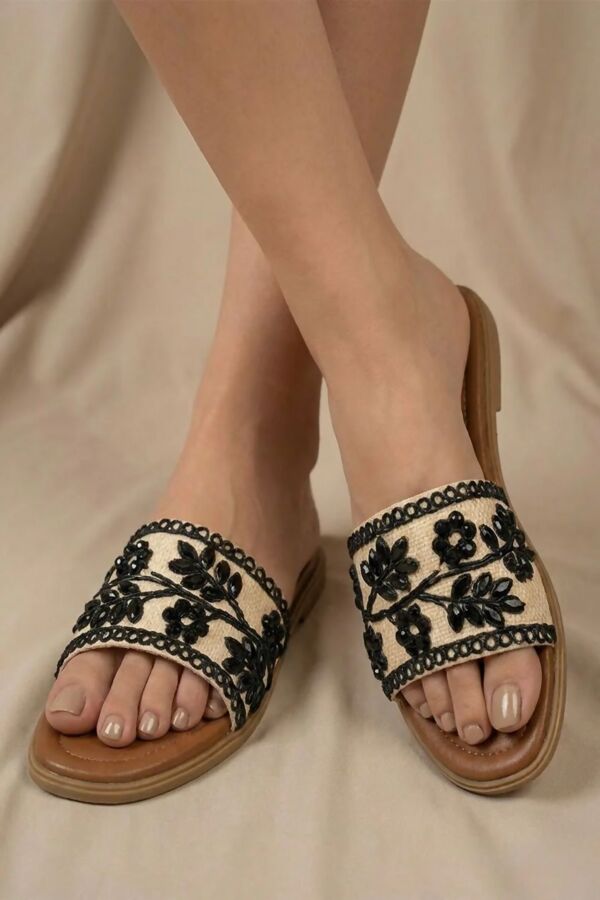 Black Floral Crystal And Pearl Embellished Flat Slider Sandals