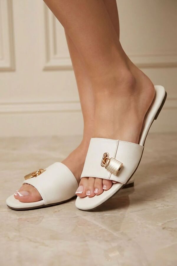 Cream Flat Slide Sandals with Gold Padlock Buckle