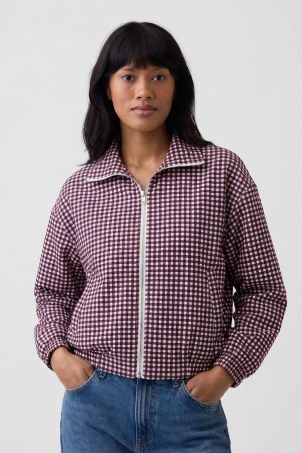 Gingham Check Print Zip-Up Cropped Jacket