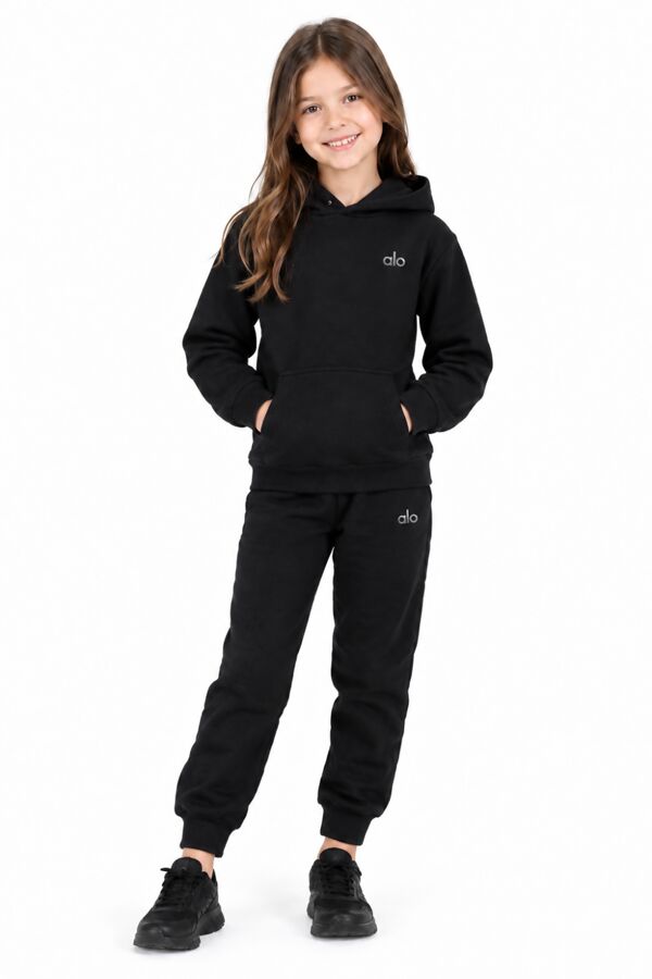 Black Kids Plain Fleece Pullover Hoodie Printed Casual Tracksuit