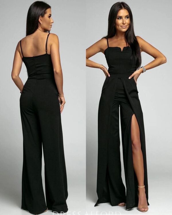 Black Front Slit Wide Leg Jumpsuit With Spaghetti Straps