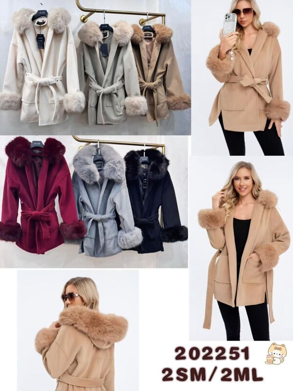 Cream Faux Fur Fluffy Cuffs Hooded Belted Coat