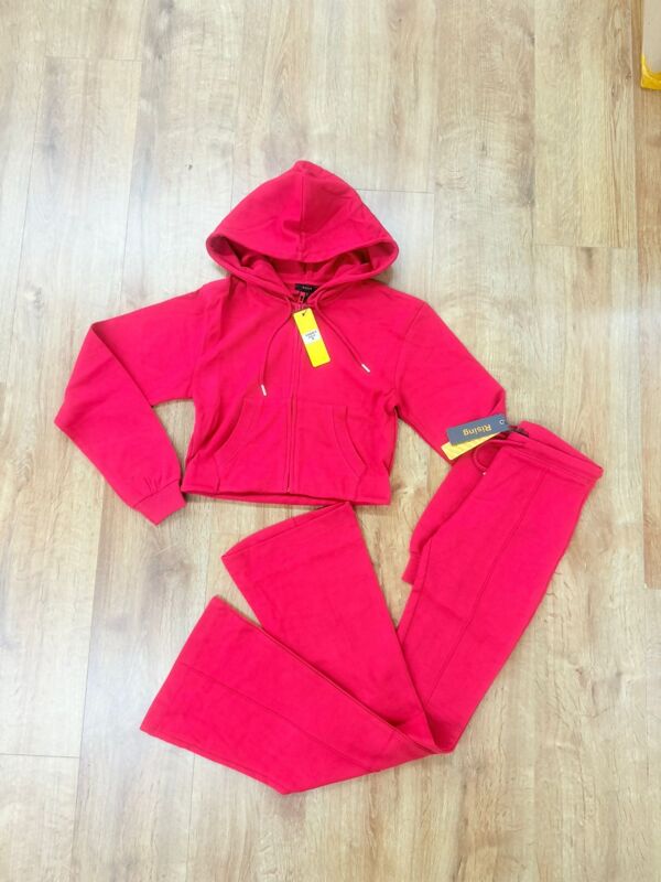 Red Cropped Zipped Hoodie With Bell Bottom Trouser