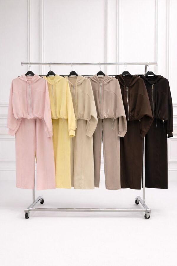 Cropped Zipped Drawstring Hoodie With Single Seam Trouser