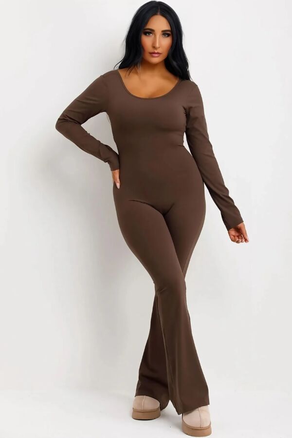 Chocolate Long Sleeve Scrunch Bum Seamless Flared Jumpsuit