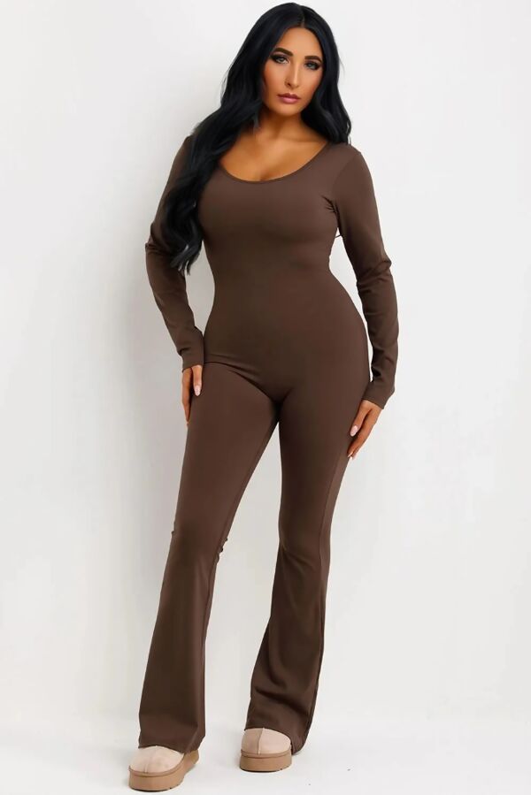 Chocolate Long Sleeve Scrunch Bum Seamless Flared Jumpsuit