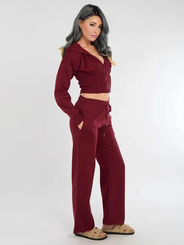 Wine Ribbed Corset Fit Hoodie With Straight Leg Trouser