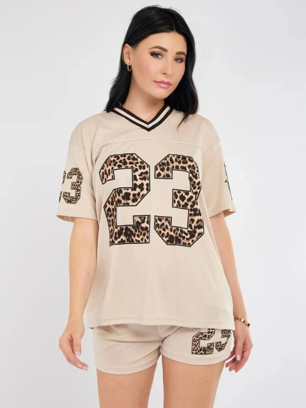 Oatmeal Leopard Base Print Varsity T-Shirt With Short Set