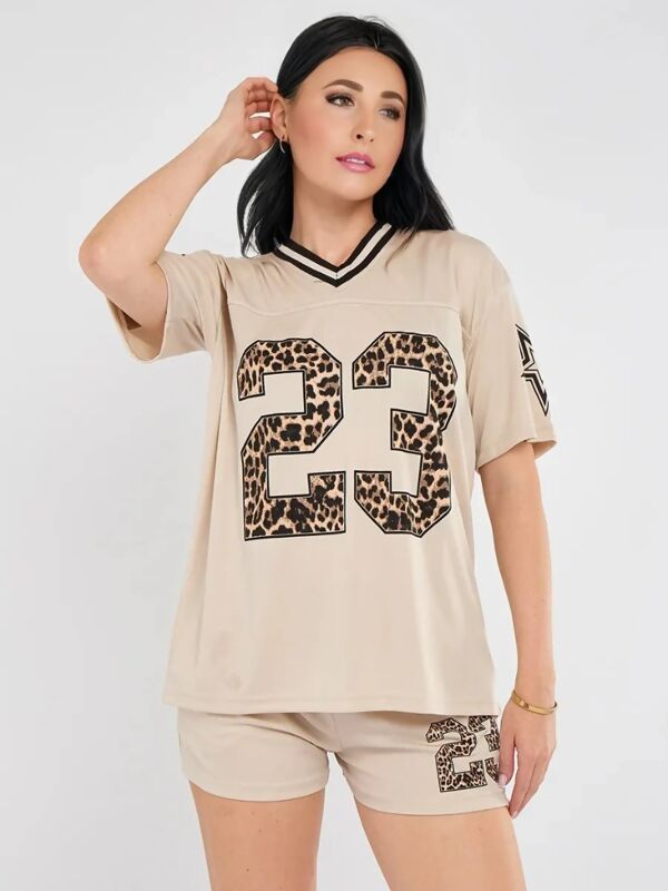 Oatmeal Leopard Base Print Varsity T-Shirt With Short Set