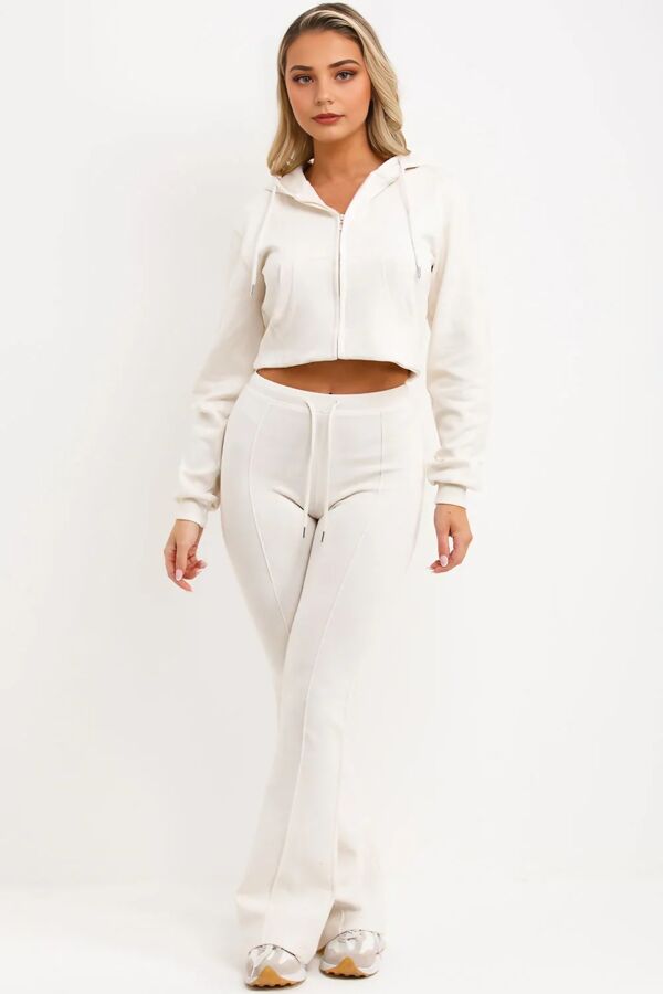 Ivory Cropped Zipped Hoodie With Bell Bottom Trouser