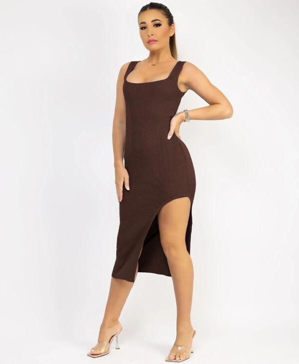 Chocolate Sleeveless Ribbed Side Split Knitted Midi Dress