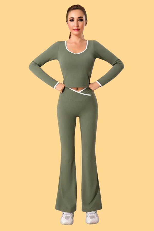 Khaki Contrast Sculpt V Neck Top And Flared Gym Set
