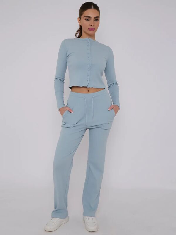Sky Blue Ribbed Molly Button Through Top and Wide Leg Trousers