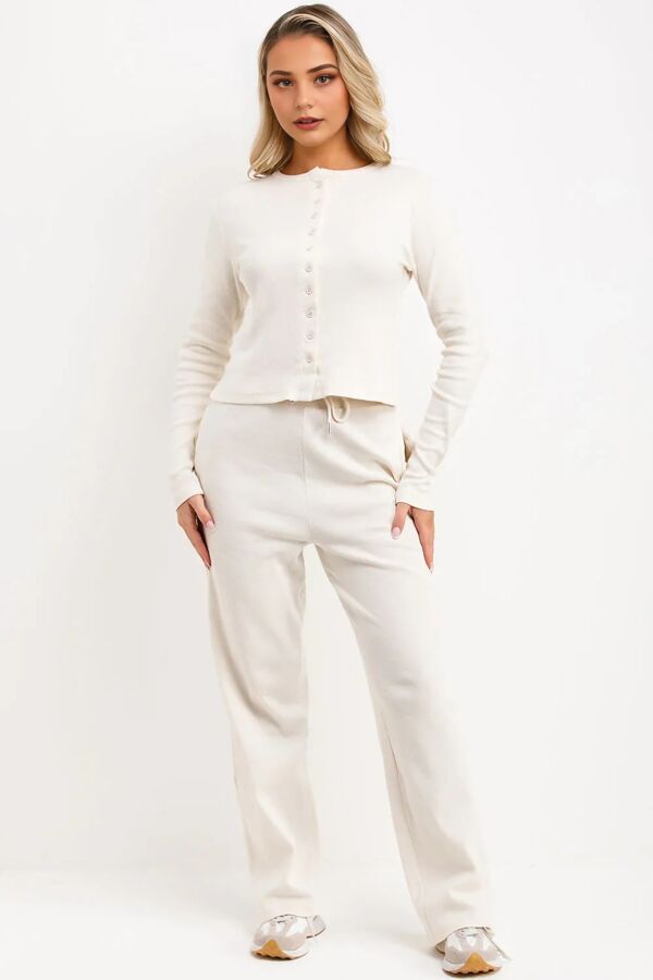 Ivory Ribbed Molly Button Through Top and Wide Leg Trousers
