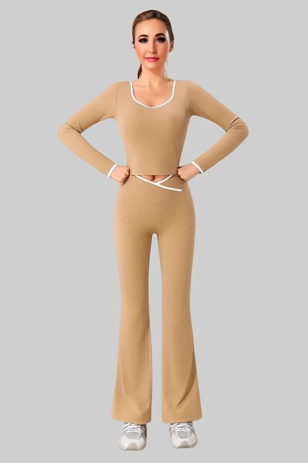 Mocha Contrast Sculpt V Neck Top And Flared Gym Set