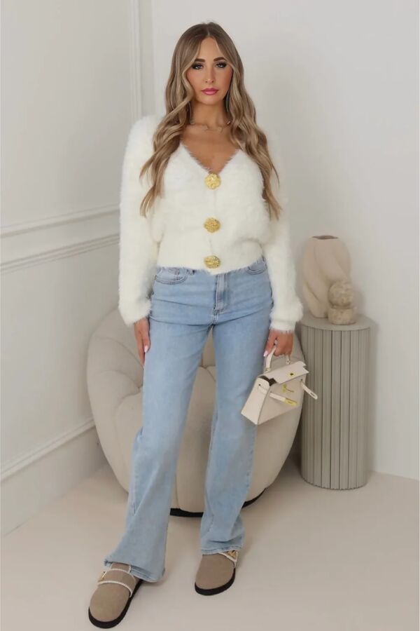 Gold Button Fuzzy Knit Cardigan