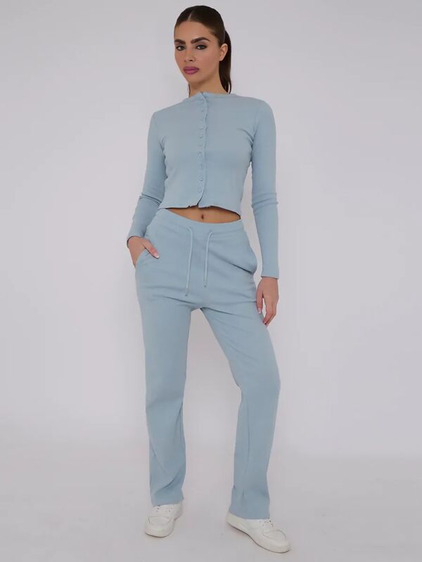 Sky Blue Ribbed Molly Button Through Top and Wide Leg Trousers