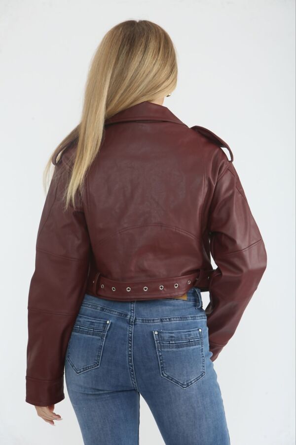 Wine Faux Leather Cropped Belted Biker Jacket
