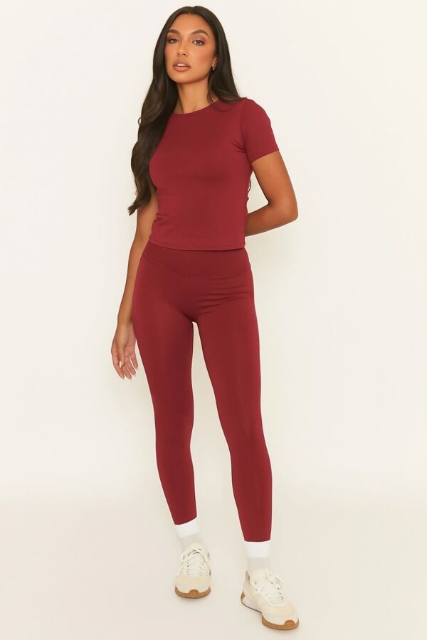 Wine Active Short Sleeve Top And Legging Co-Ord Set