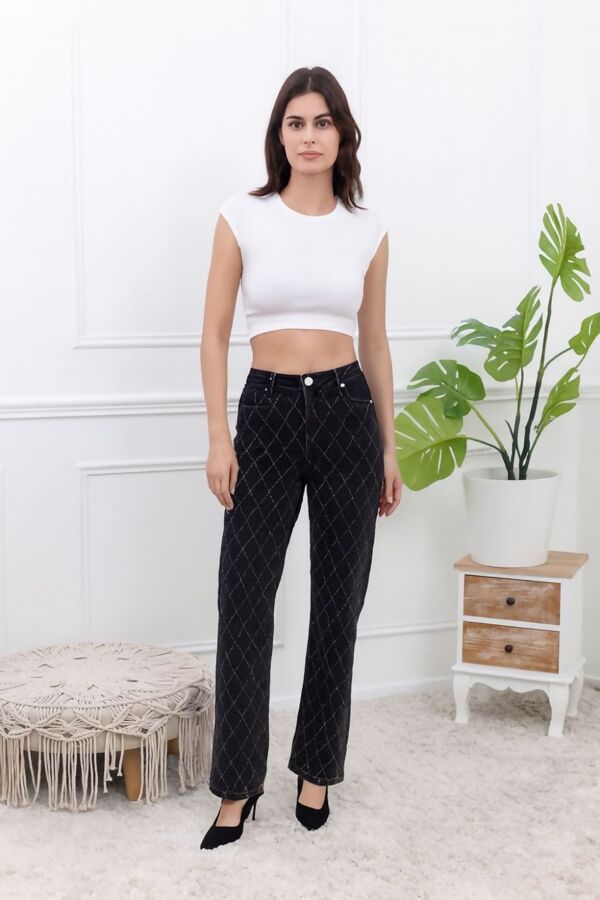 Charcoal Studded Wide Leg Denim Jeans