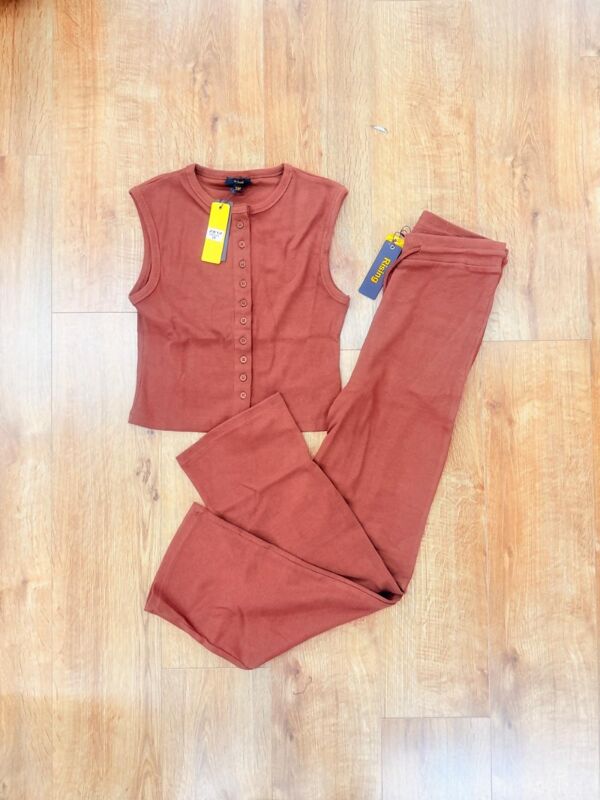 Brown Ribbed Sleeveless Button Up Top With Wide Leg Trouser