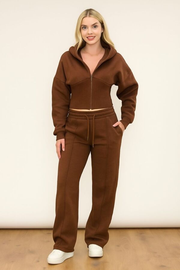 Brown Ribbed Corset Fit Hoodie With Straight Leg Trouser