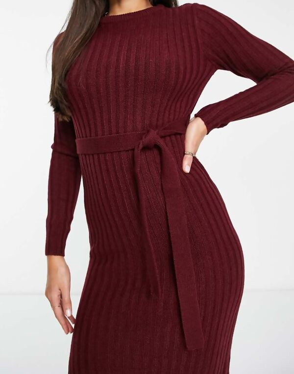 Wine Long Sleeve Belted Crew Neck Midi Dress