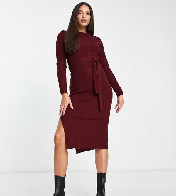 Wine Long Sleeve Belted Crew Neck Midi Dress