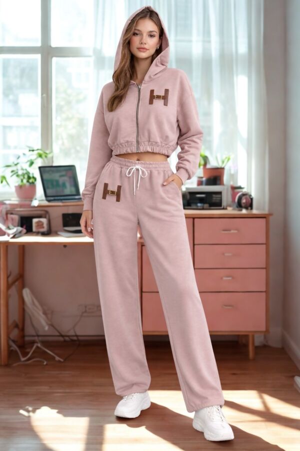 H-Buckle Detail Cropped Zipped Hoodie With Wide Leg Joggers