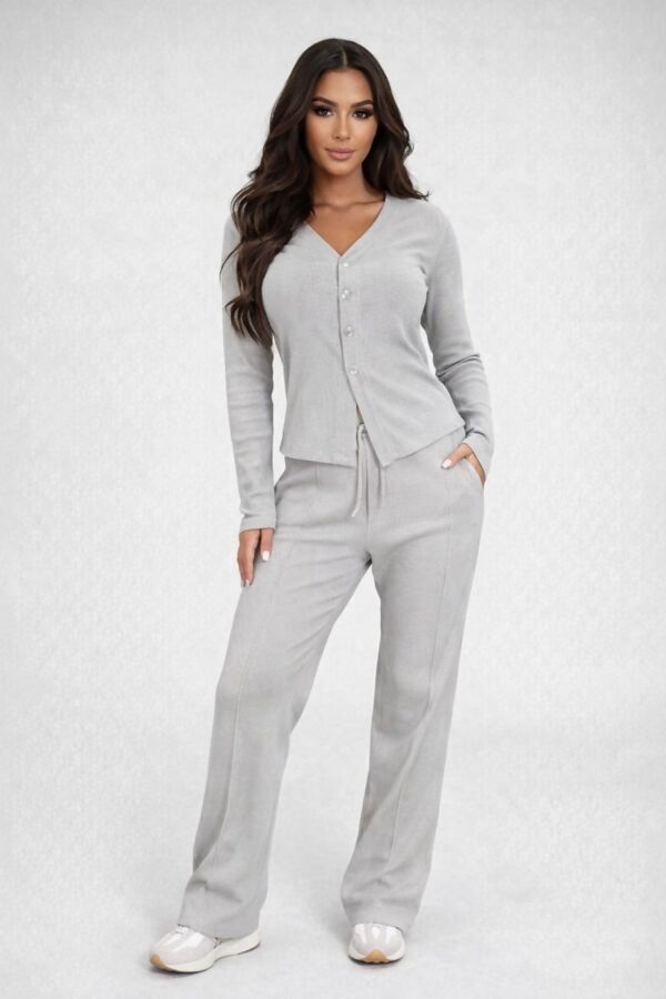 Dove Grey Soft Ribbed Buttoned Cardigan With Wide Leg Trouser