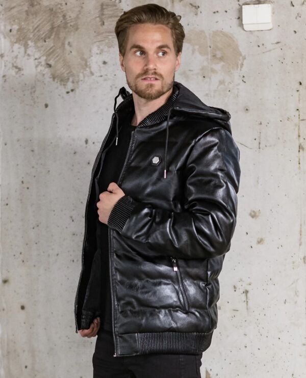 Black Pu Bubble Jacket With Detachable Hood