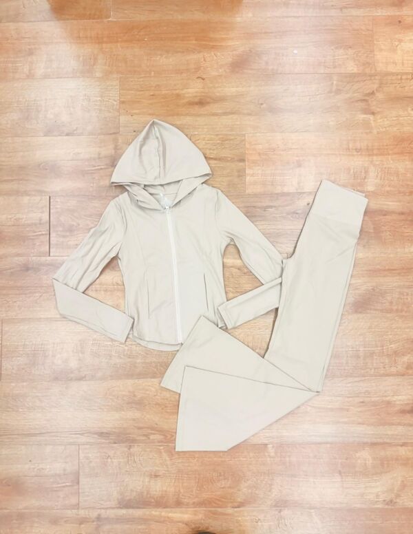 Beige Active Zipped Jacket With Flare Trouser