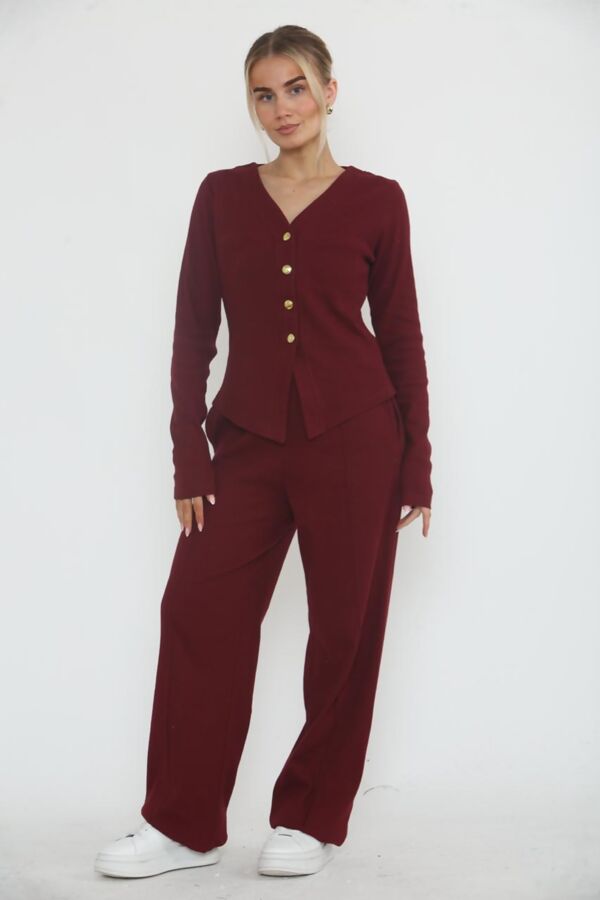 Wine Soft Ribbed Buttoned Cardigan With Wide Leg Trouser