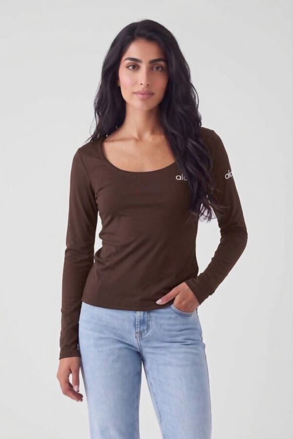 Chocolate Printed Long Sleeve Scoop Neck Fitted Top