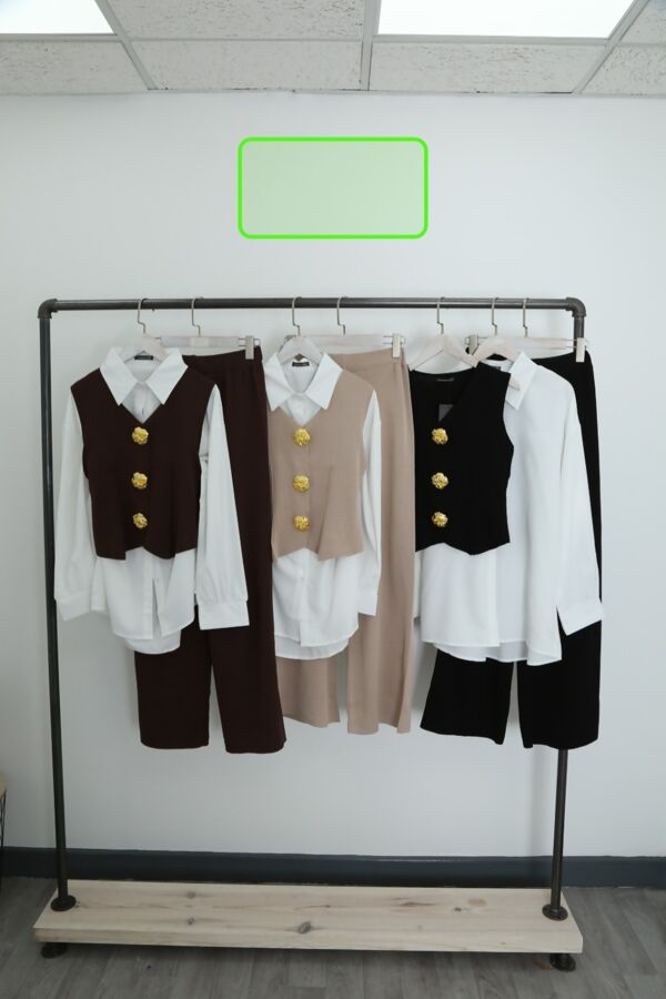Long Sleeve Shirt With Gold Buttoned Knitted Vest And Trouser