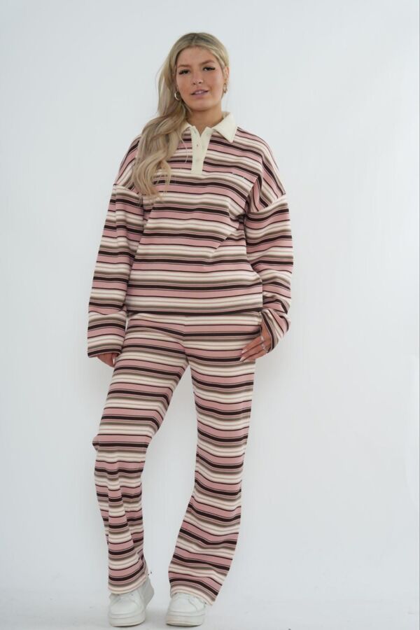 Pink Rugby Contast Striped Sweatshirt With Wide Leg Trousers