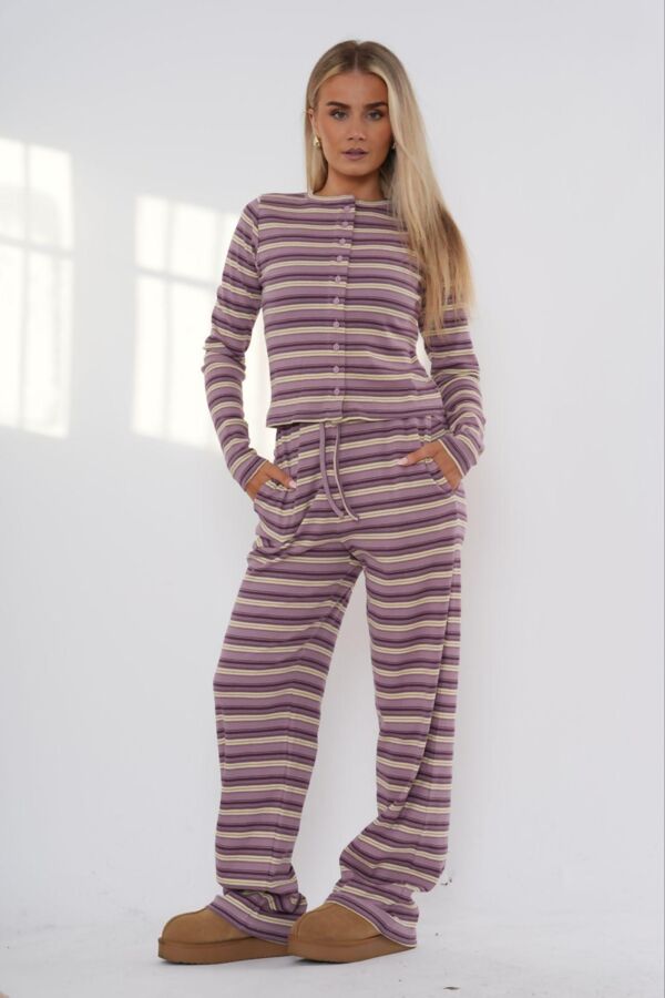 Wine Contrast Stripped Ribbed Molly Button Top And Wide Leg Trousers