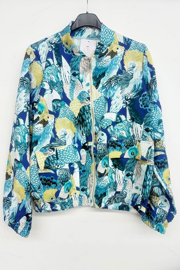 Green Vibrant Bird Print Bomber Jacket
