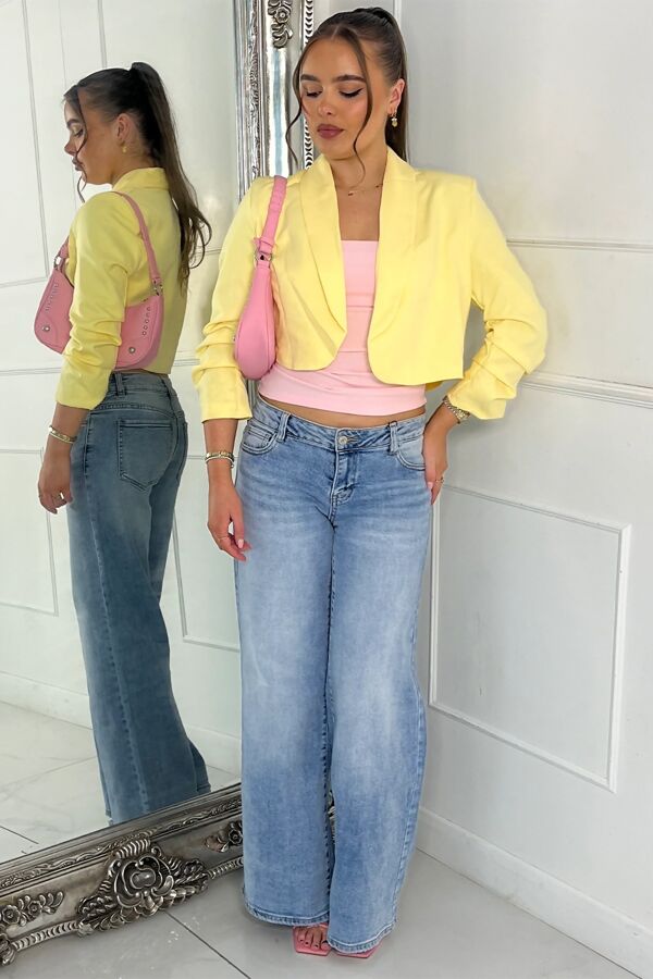 Yellow Ruched Sleeve Cropped Blazer