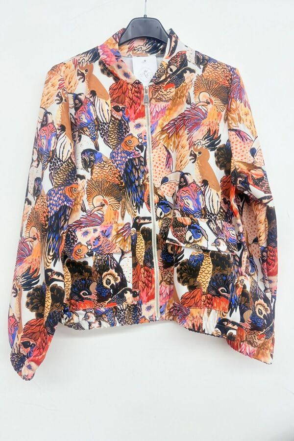 Brown Vibrant Bird Print Bomber Jacket