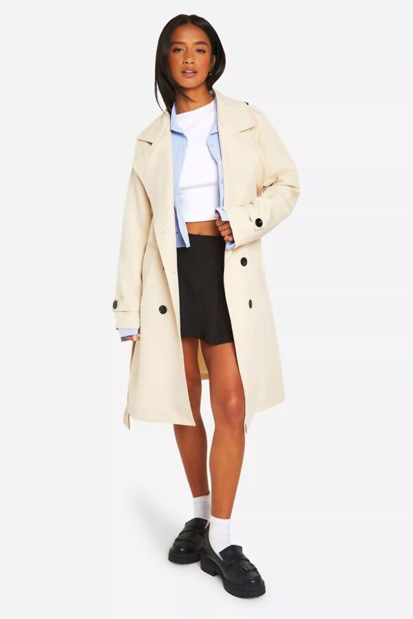 Beige Trench Belted Coat With Details Button