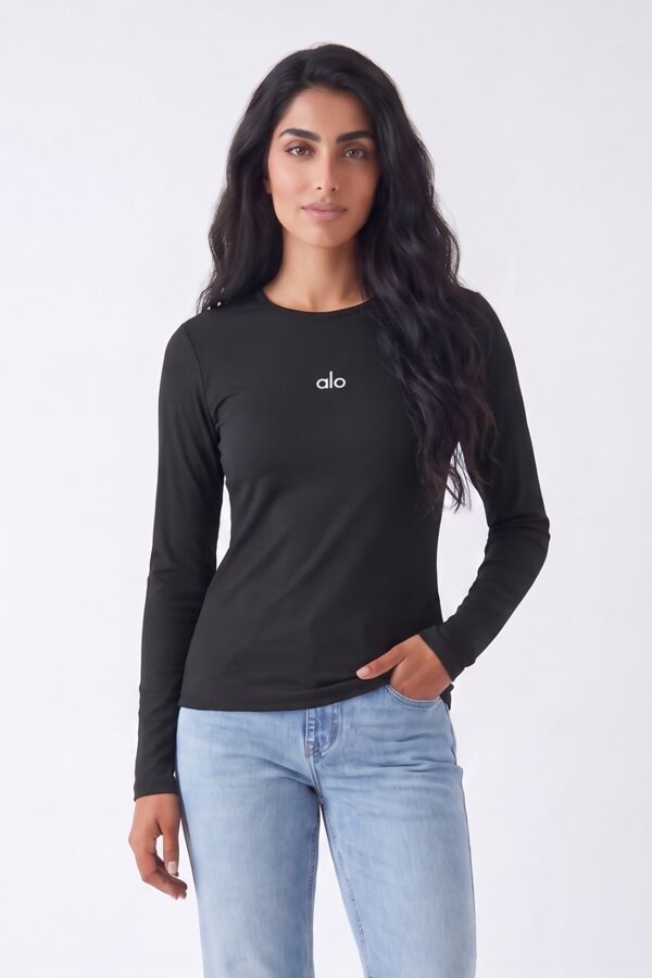 Black Crew Neck Printed Slim Fit Stretch Ribbed Top
