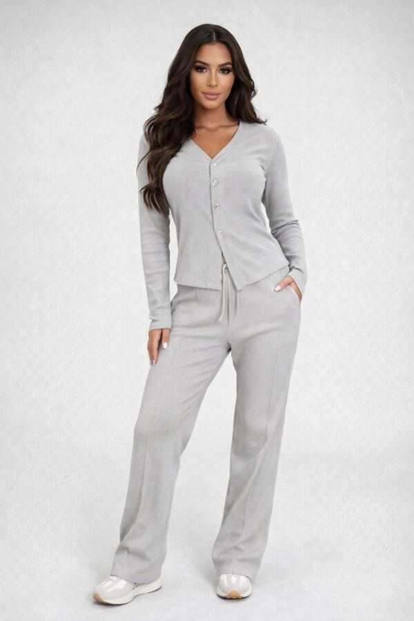 Dove Grey Soft Ribbed Buttoned Cardigan With Wide Leg Trouser