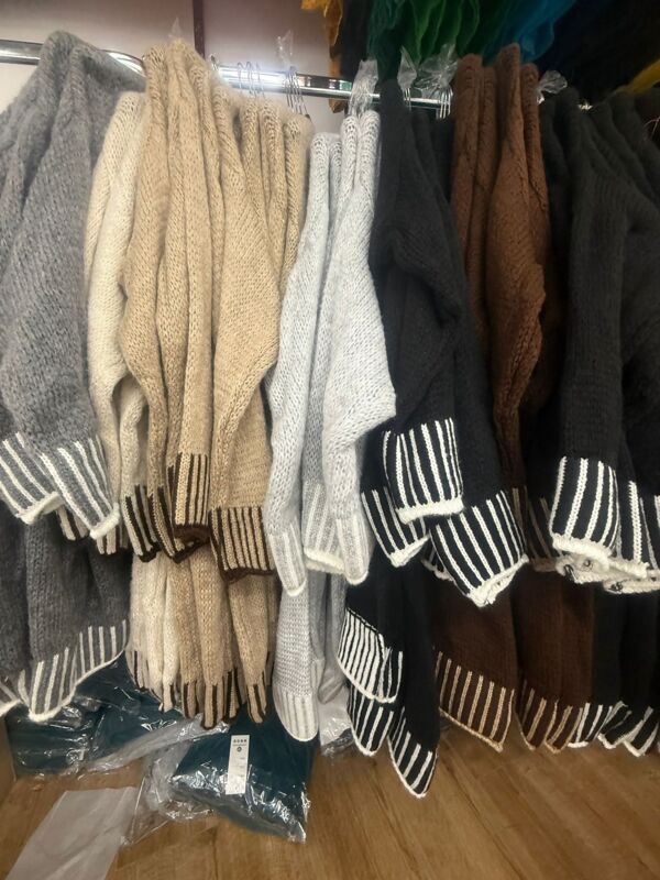 Casual Open Front Striped Details Mid Length Wool Cardigan