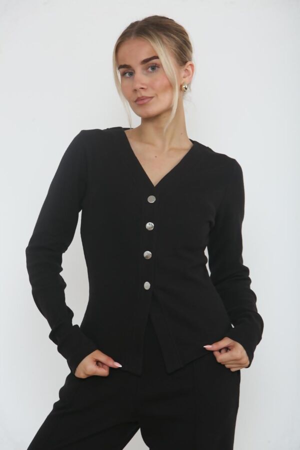Black Soft Ribbed Buttoned Cardigan With Wide Leg Trouser