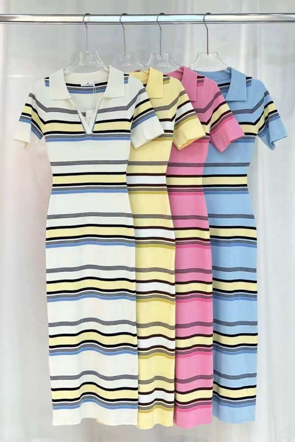 Contrast Short Sleeve Striped Polo Neck Dress Midi Dress