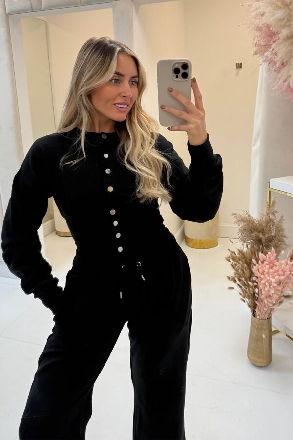 Black Snap Buttons Corset Fit Sweatshirt With Wide Leg Trouser