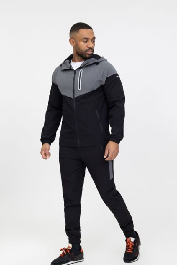 Black With Grey Softshell Hooded Windbreaker Jacket With Jogger